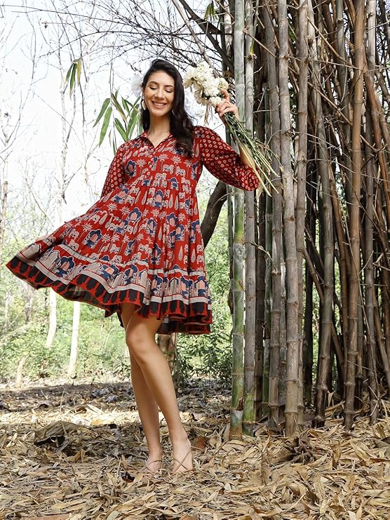 Rust Ethnic Printed Cotton Flared Dress