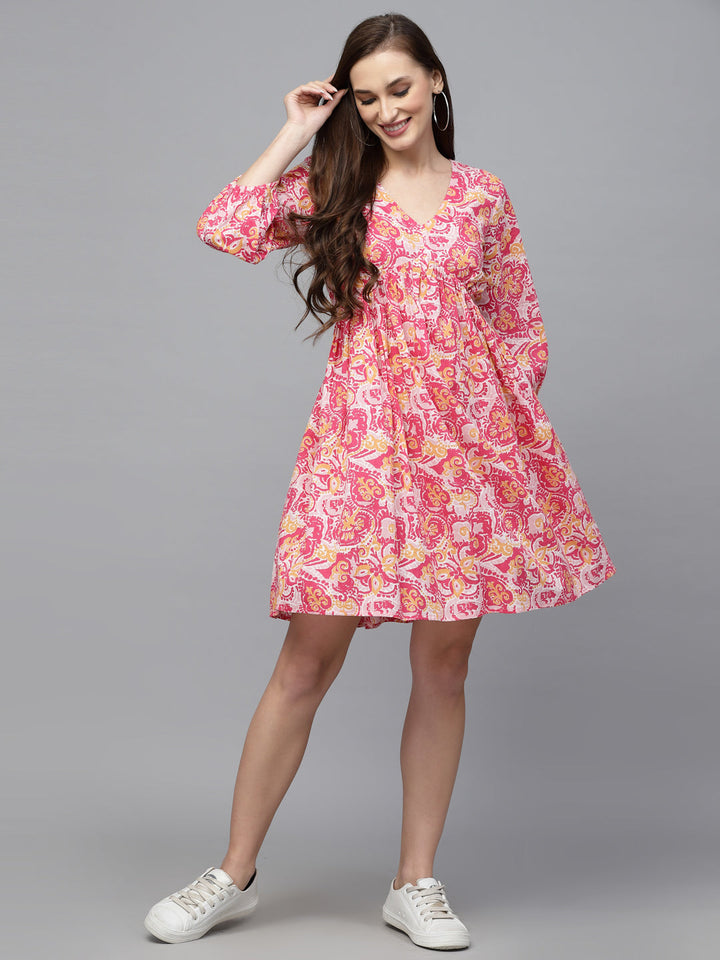 Pink-Cotton-Floral-printed-Flared-Midi-dress