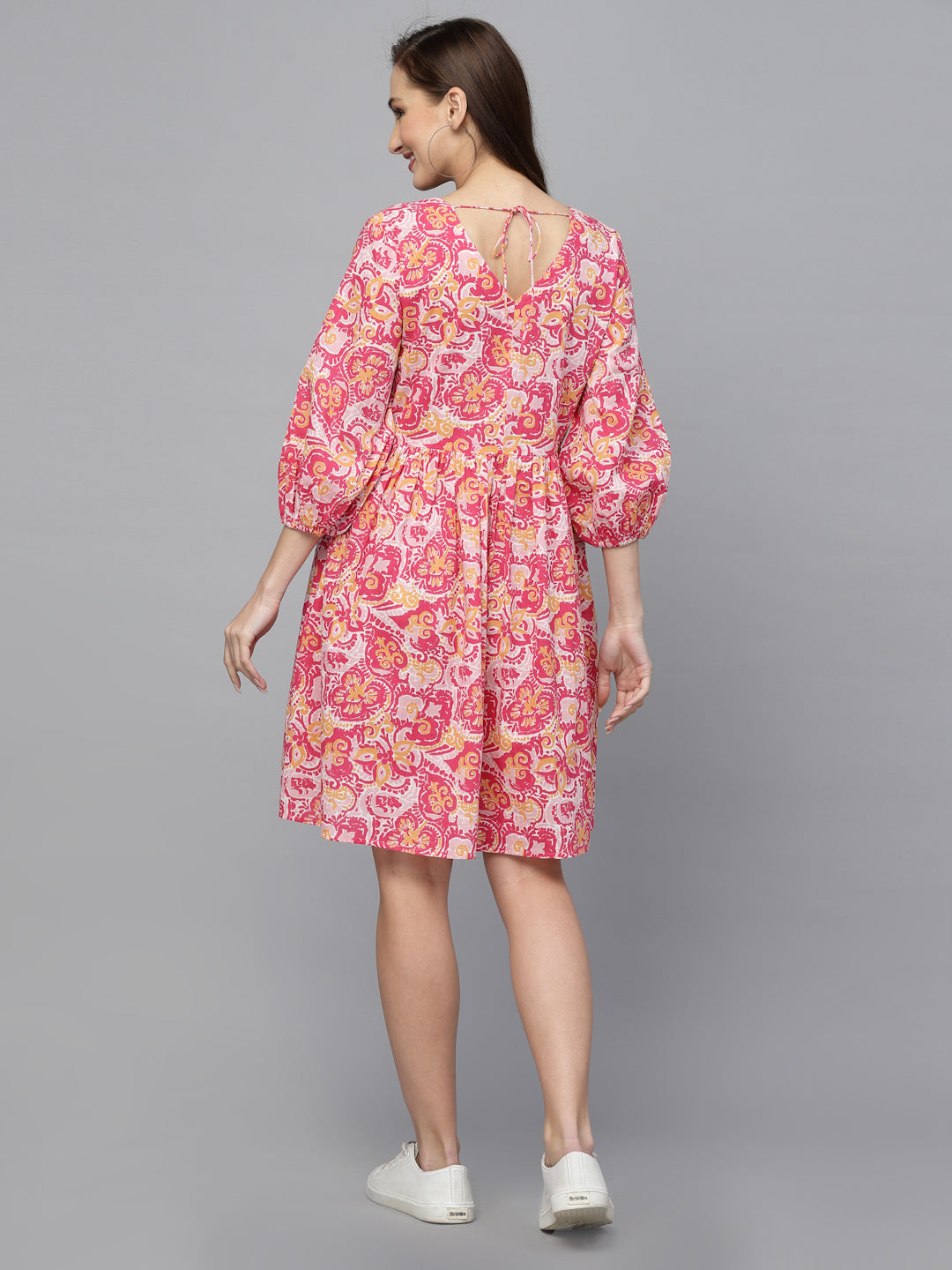 Pink-Cotton-Floral-printed-Flared-Midi-dress