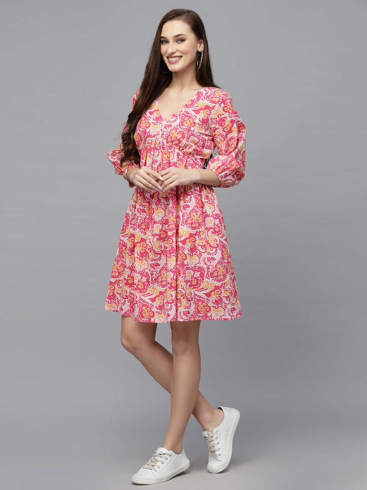 Pink-Cotton-Floral-printed-Flared-Midi-dress