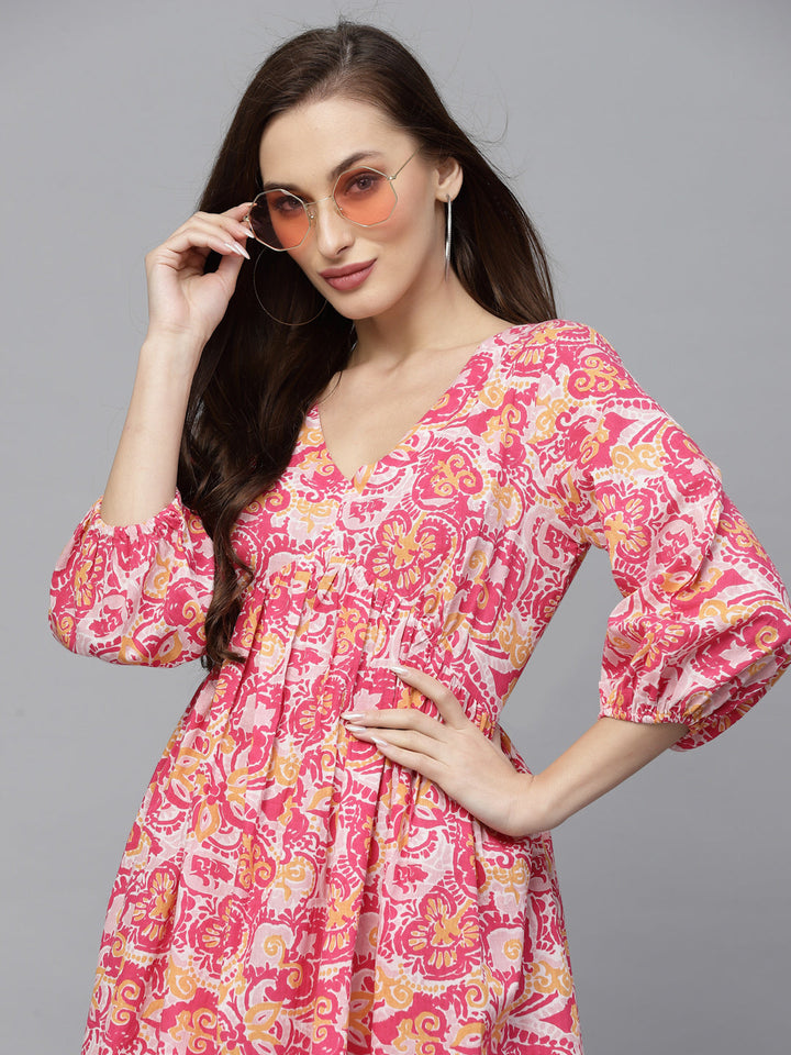 Pink-Cotton-Floral-printed-Flared-Midi-dress