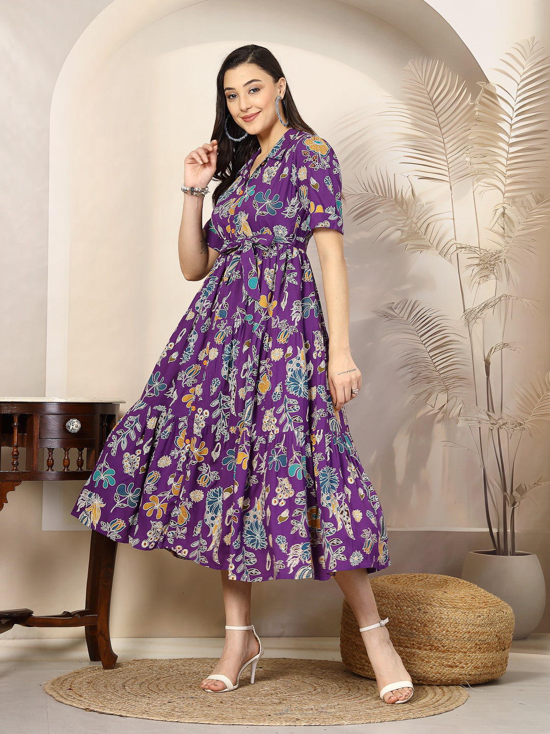 purple-Rayon-Tropical-Printed-Tiered-Midi-Dress