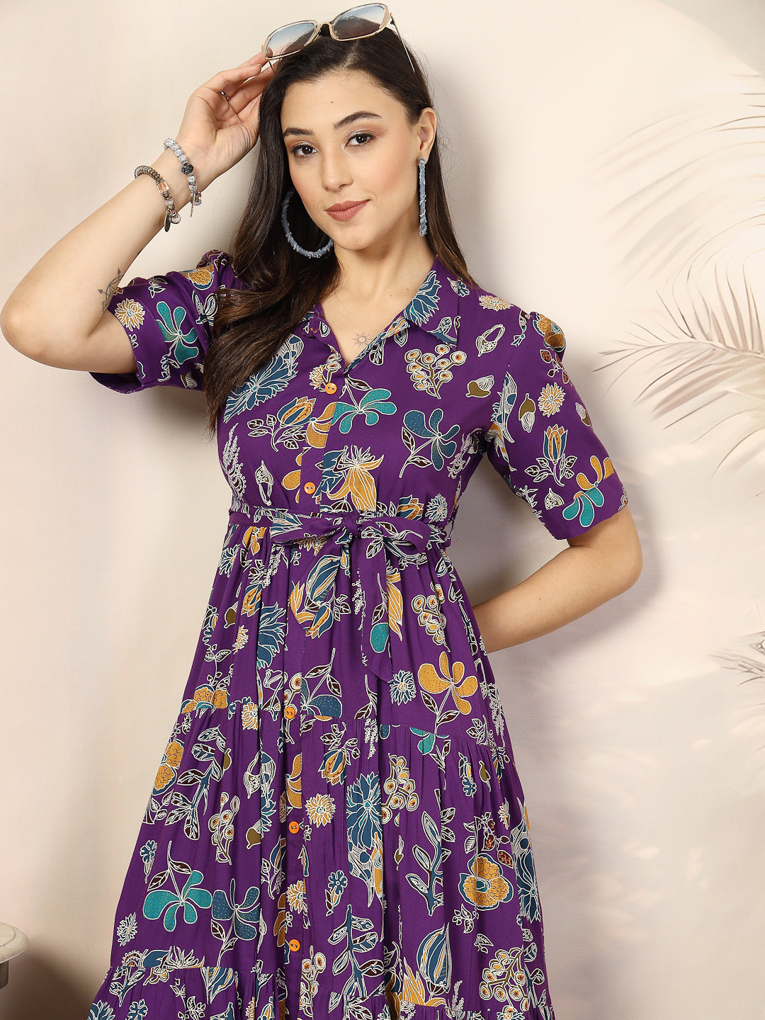 purple-Rayon-Tropical-Printed-Tiered-Midi-Dress