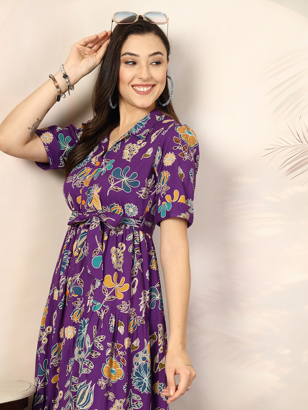purple-Rayon-Tropical-Printed-Tiered-Midi-Dress