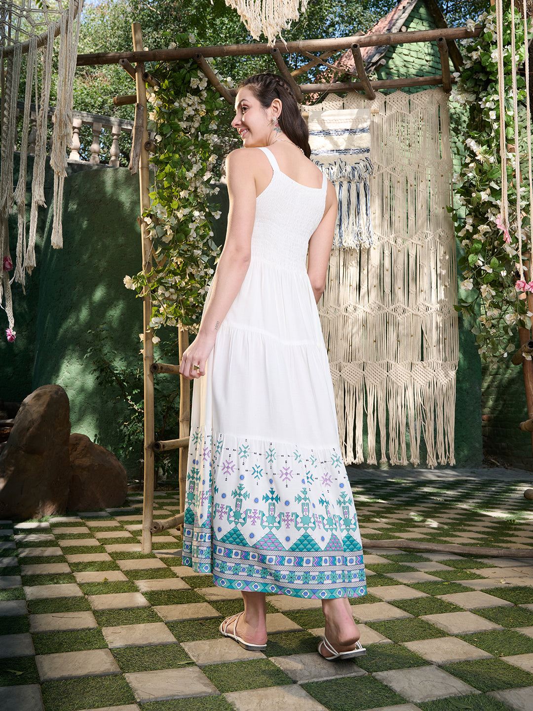 White Ikat Printed Rayon Tiered Dress