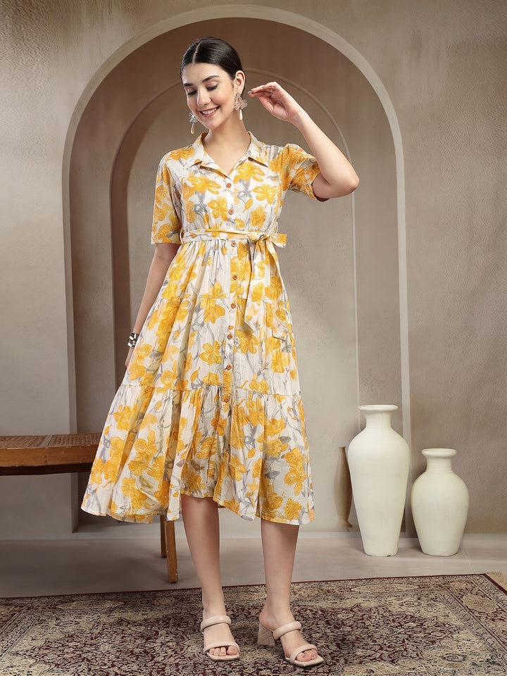 Yellow Floral Printed Cotton Flared Dress
