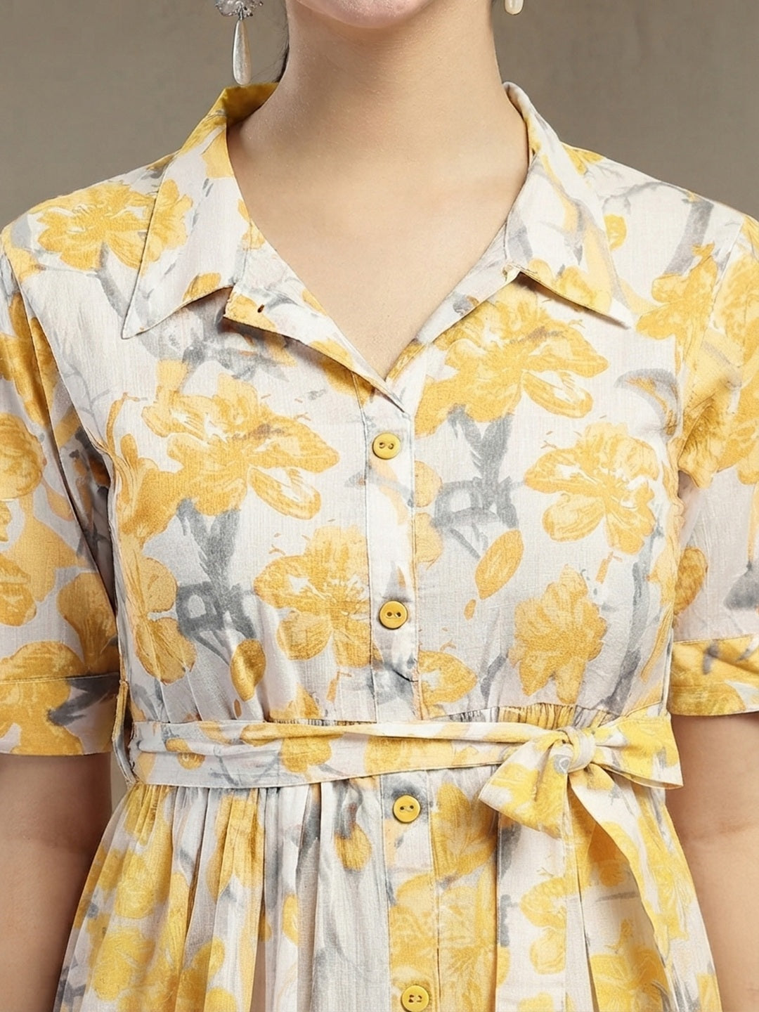 Yellow Floral Printed Cotton Flared Dress