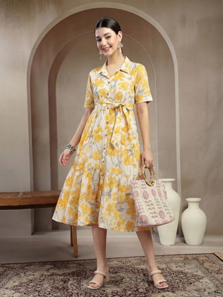 Yellow Floral Printed Cotton Flared Dress