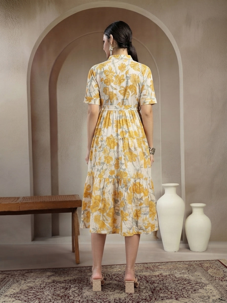 Yellow Floral Printed Cotton Flared Dress