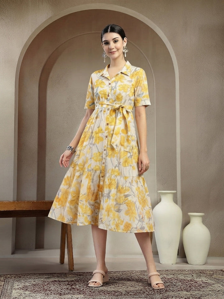 Yellow Floral Printed Cotton Flared Dress