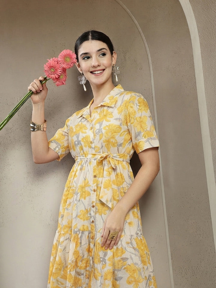 Yellow Floral Printed Cotton Flared Dress