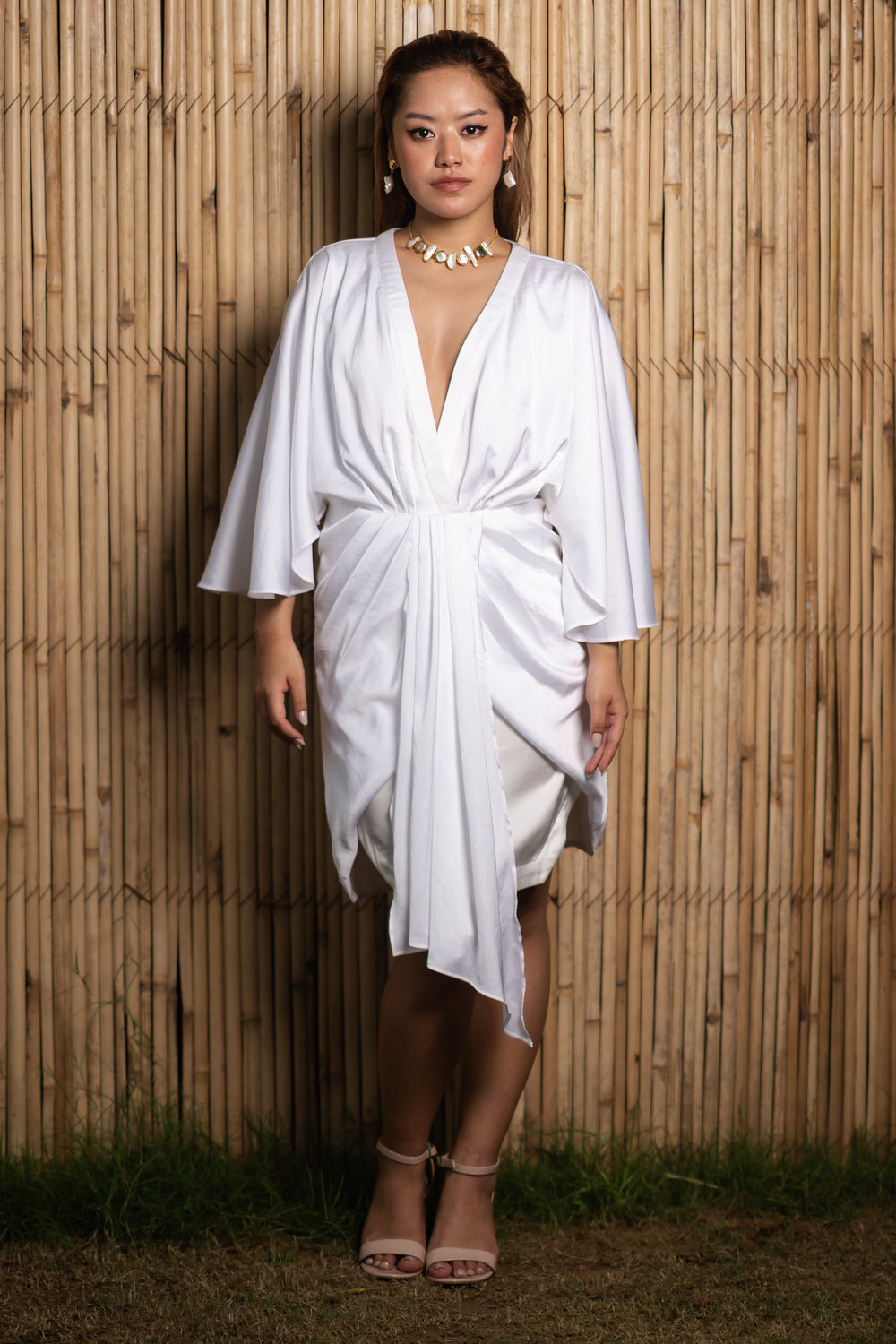 White-Polyester-Draped-Silhouette-Sleek-Starlet-Dress