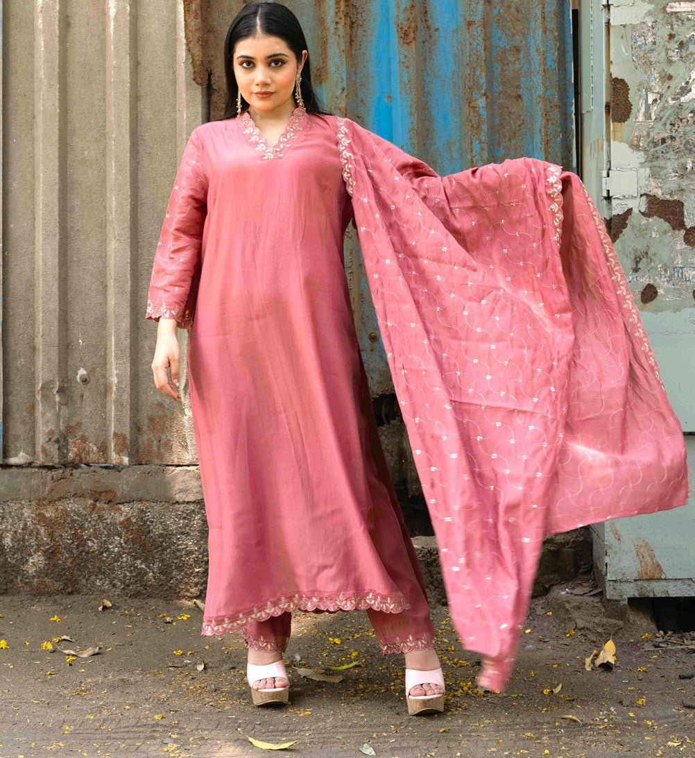 Red-Silk-Blend-Sequinned-Straight-3-Piece-Kurta-Set