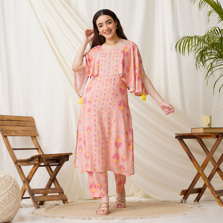Peach Rayon Co-ord Set with Embroidery Details