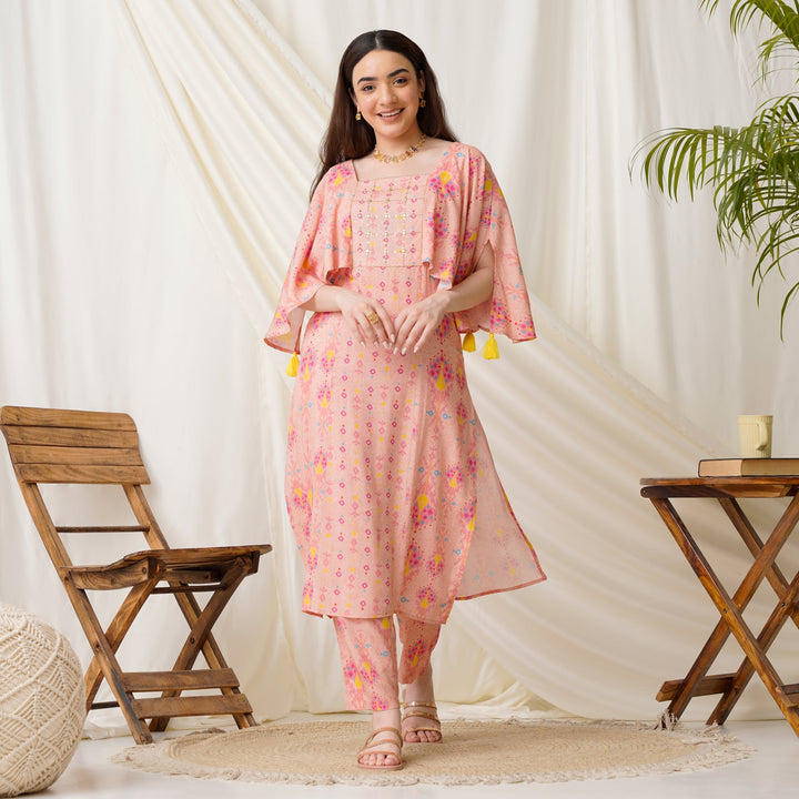 Peach Rayon Co-ord Set with Embroidery Details