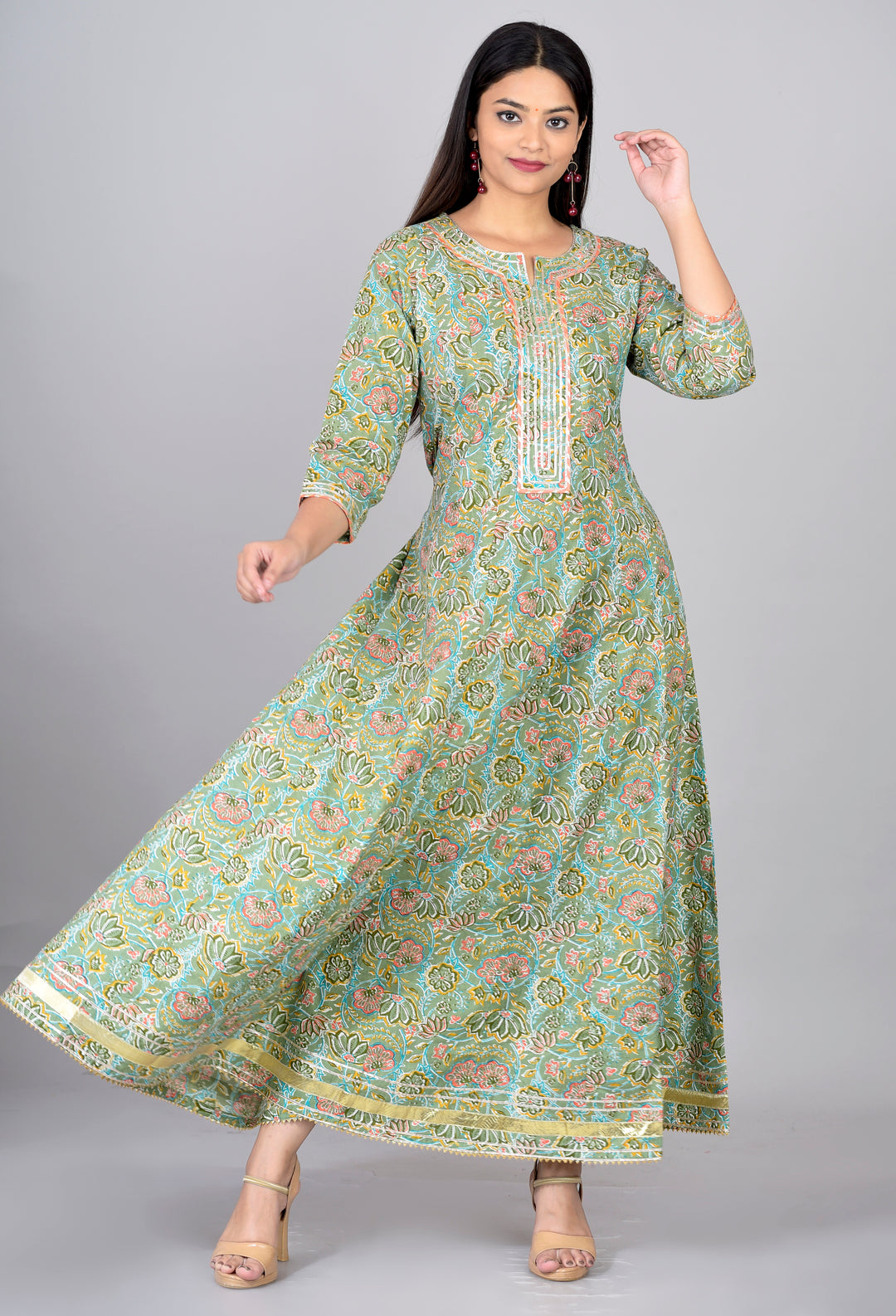 Forest Green Floral Plus Size Anarkali Kurta Only