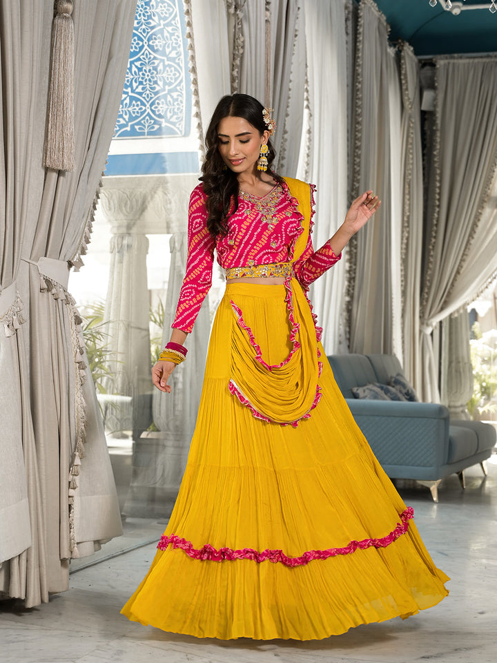 Mustard-Yellow-Chinon-Bandhani-Print-3-Piece-Lehenga-Set