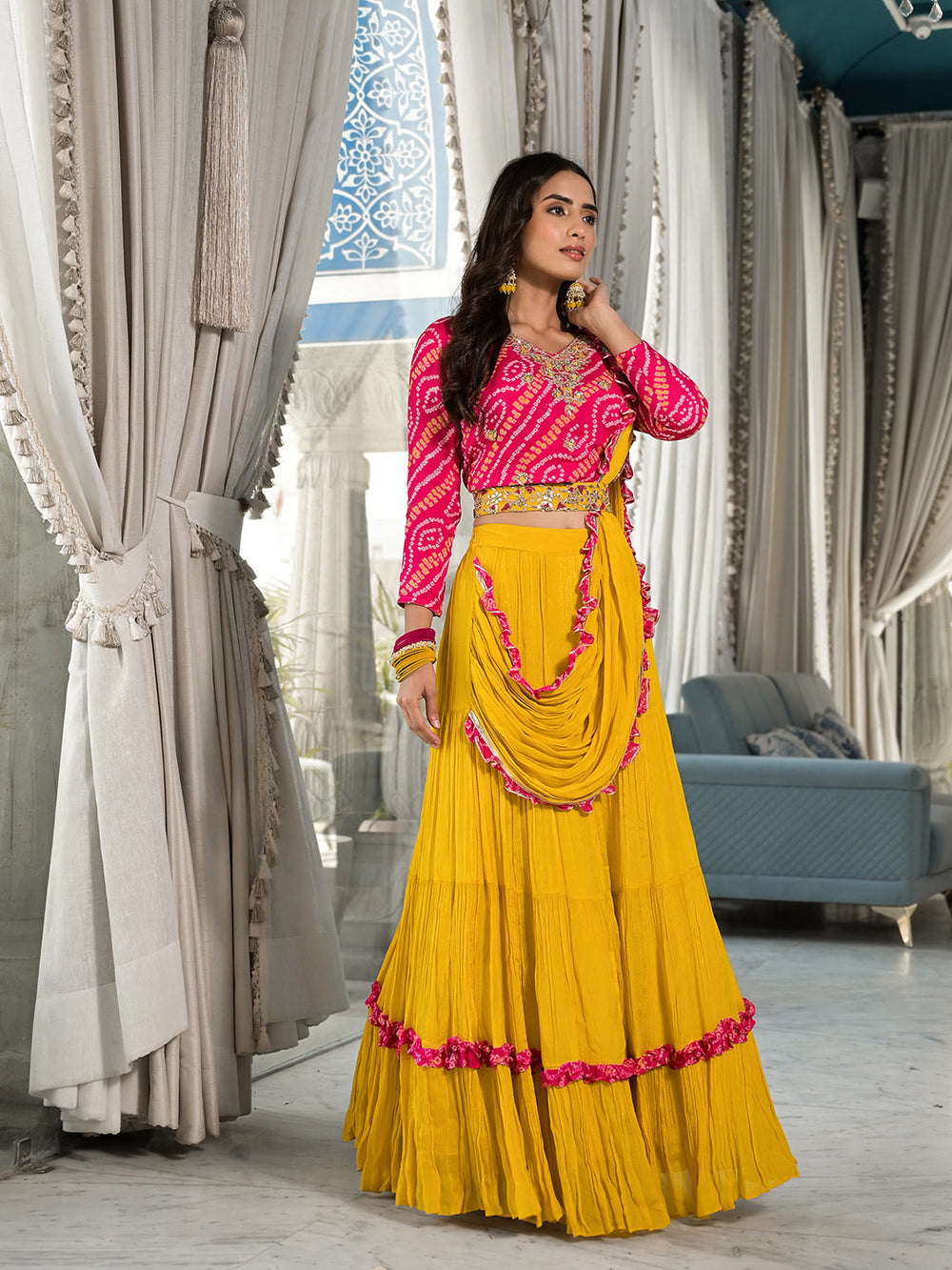 Mustard-Yellow-Chinon-Bandhani-Print-3-Piece-Lehenga-Set