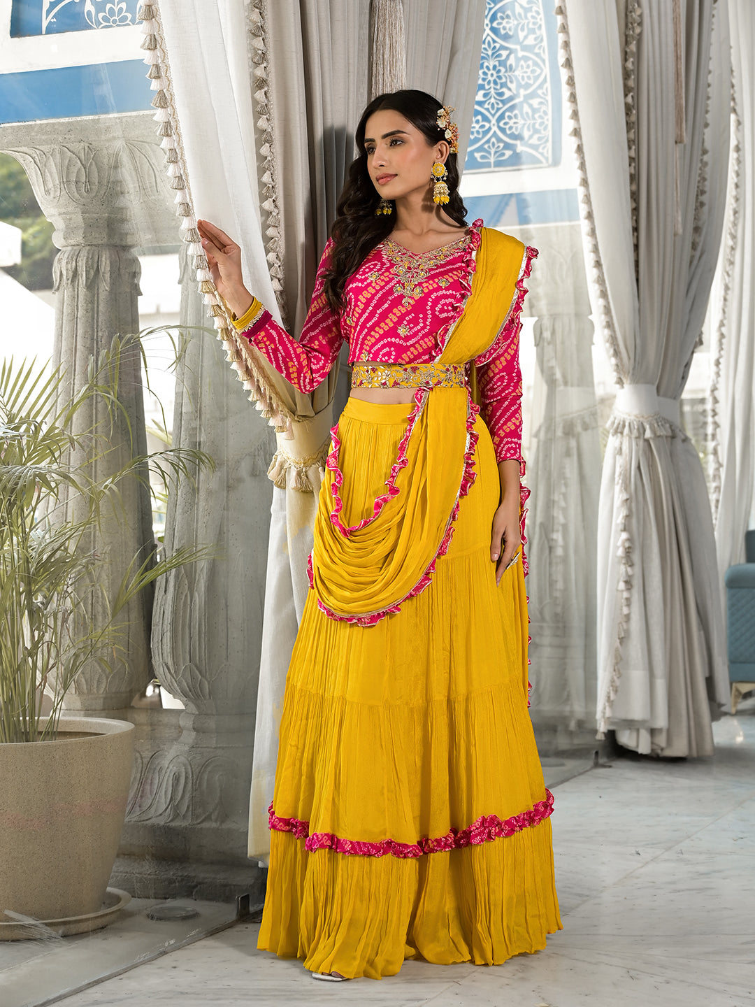 Mustard-Yellow-Chinon-Bandhani-Print-3-Piece-Lehenga-Set