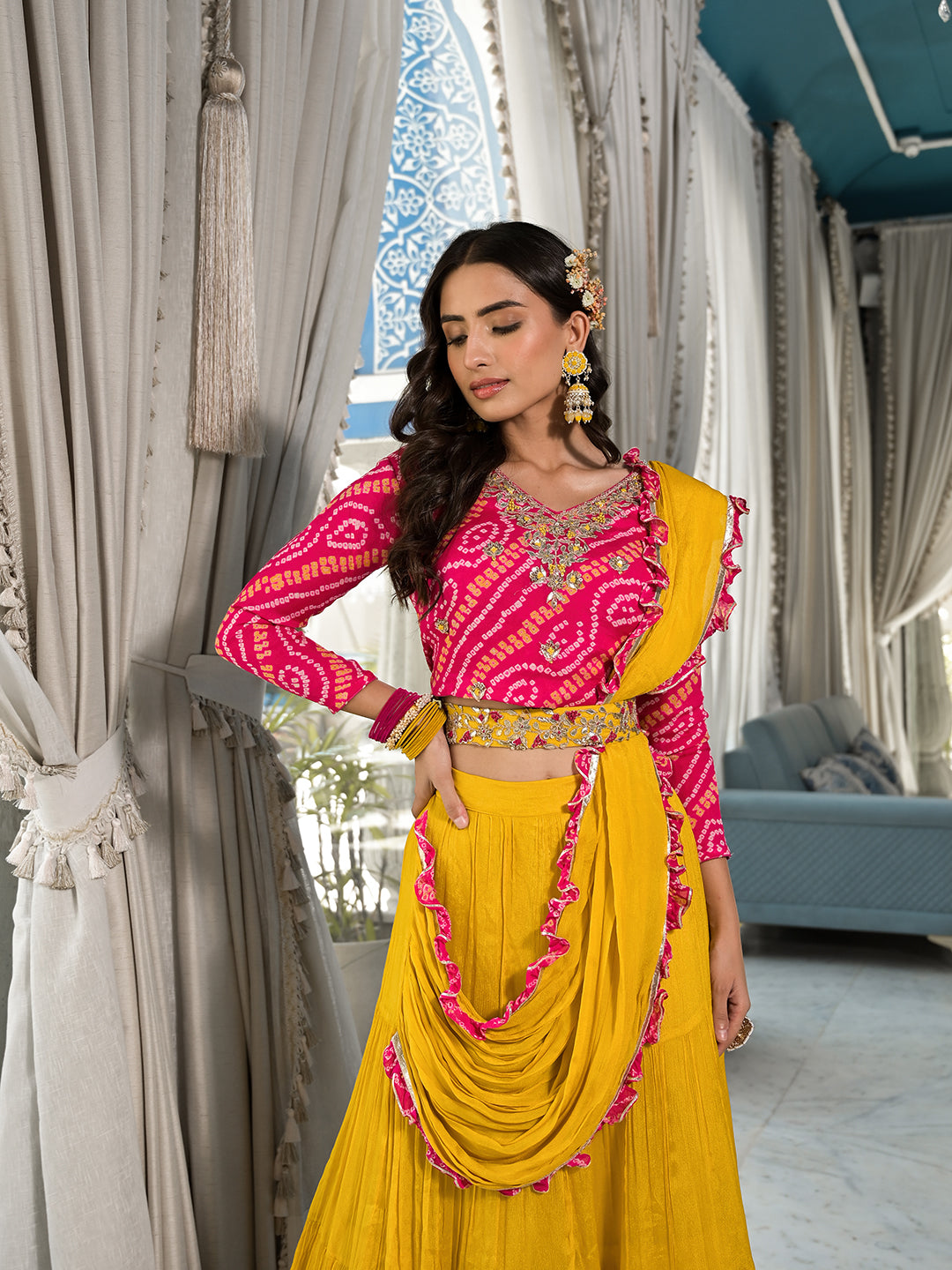 Mustard-Yellow-Chinon-Bandhani-Print-3-Piece-Lehenga-Set