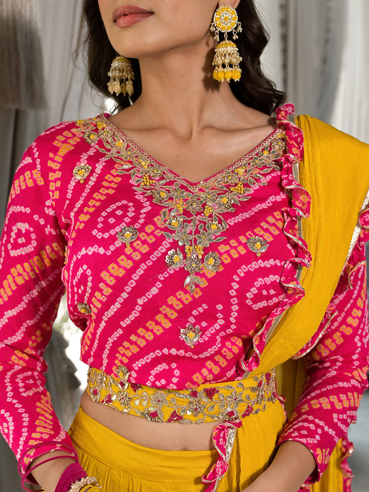Mustard-Yellow-Chinon-Bandhani-Print-3-Piece-Lehenga-Set