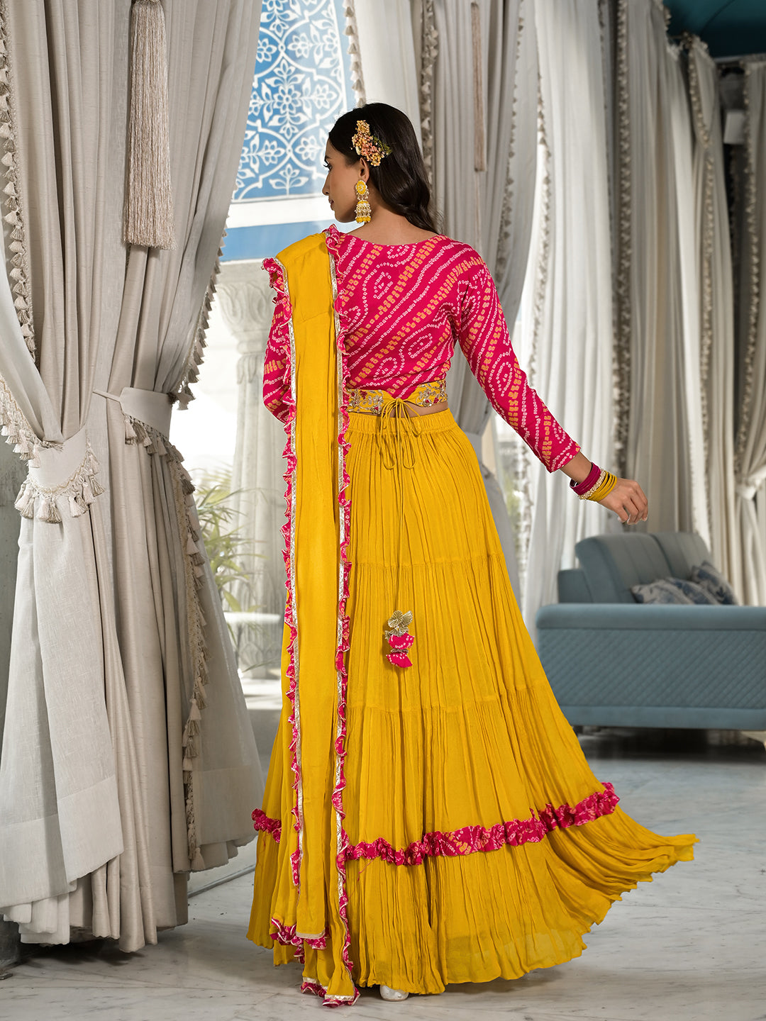 Mustard-Yellow-Chinon-Bandhani-Print-3-Piece-Lehenga-Set
