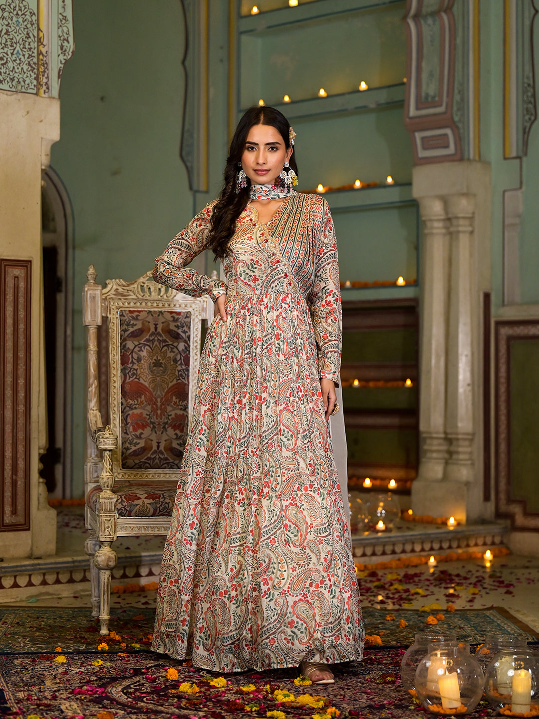 Beige-Chinon-Digital-Print-Party-Dress-With-Organza-Dupatta