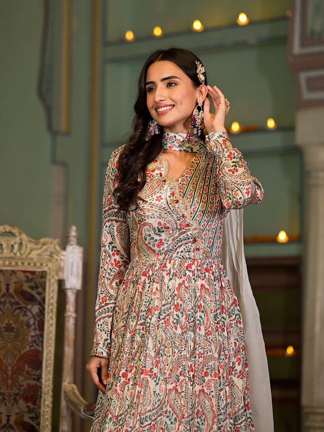 Beige-Chinon-Digital-Print-Party-Dress-With-Organza-Dupatta