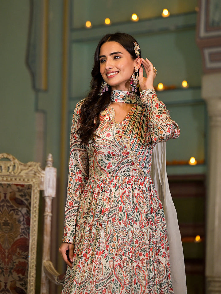 Beige-Chinon-Digital-Print-Party-Dress-With-Organza-Dupatta