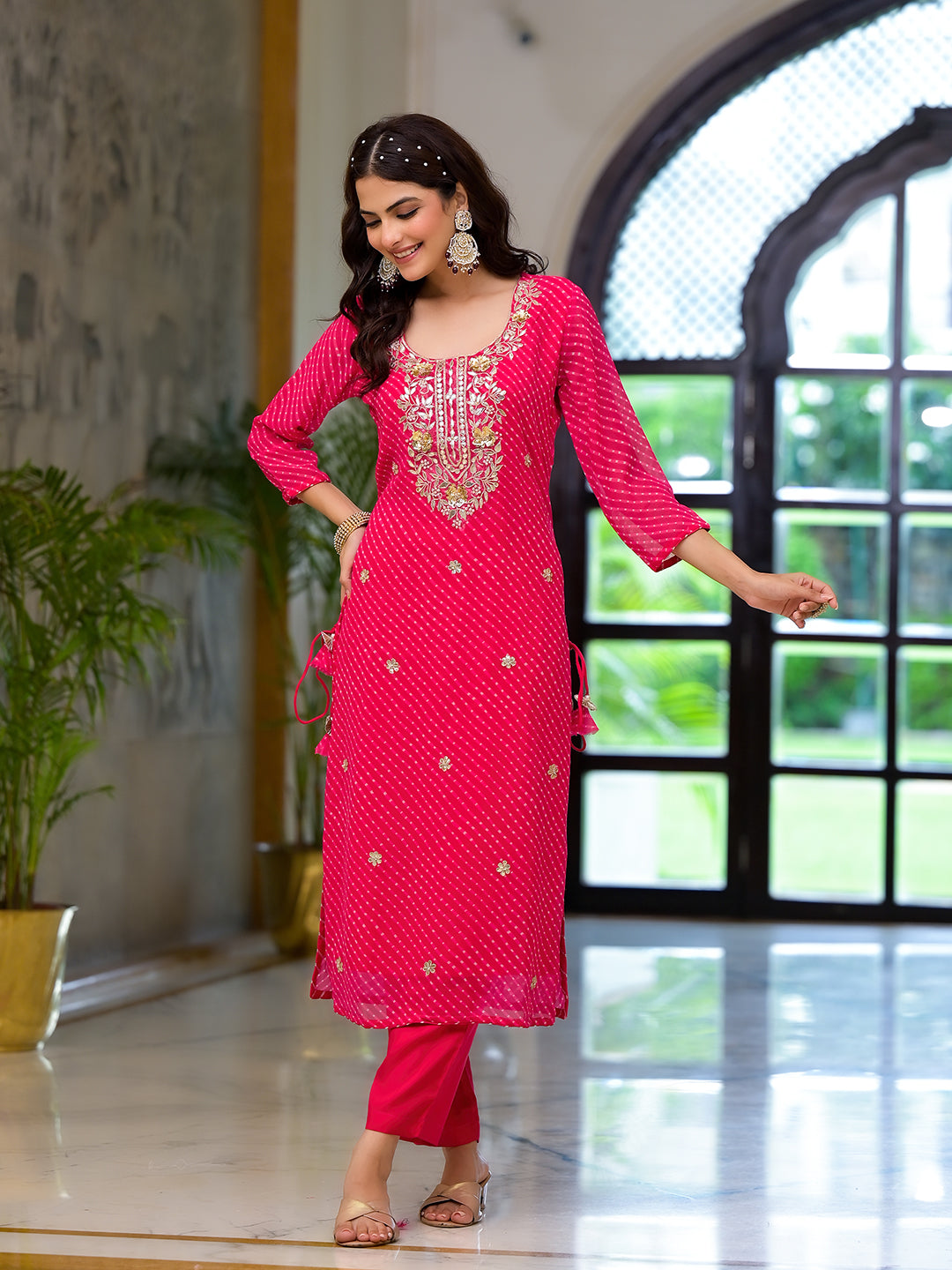 Rani-Pink-Georgette-Leheriya-Print-Straight-3-Piece-Kurta-Set