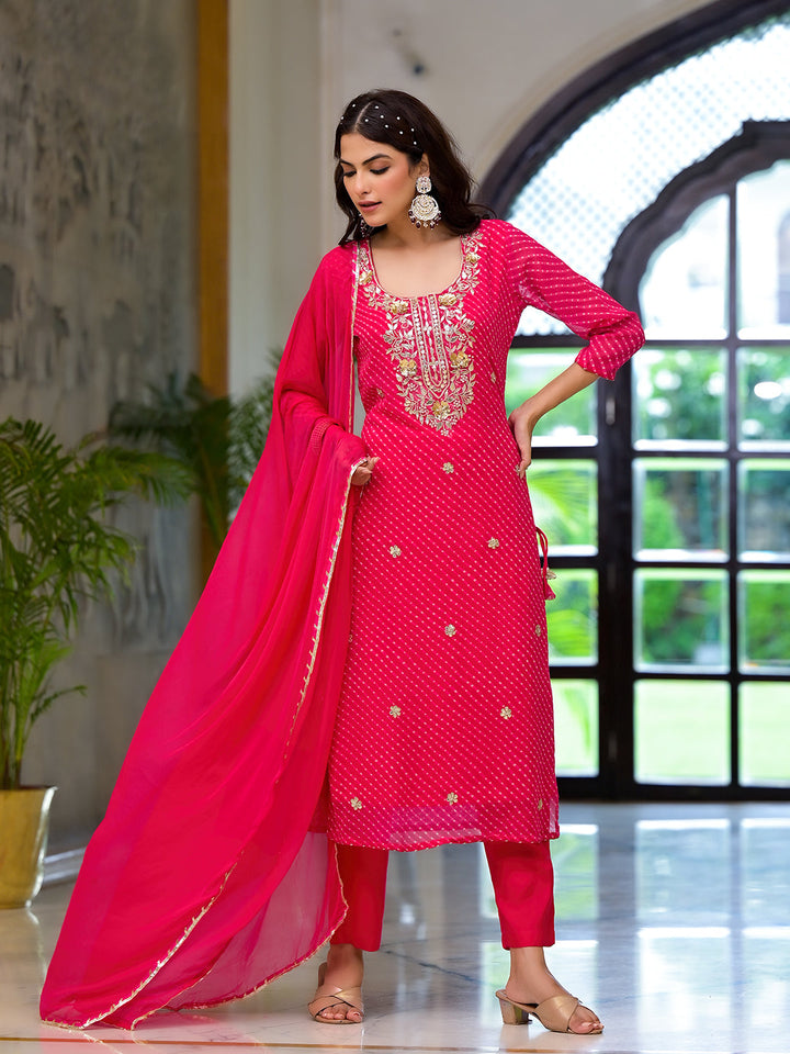 Rani-Pink-Georgette-Leheriya-Print-Straight-3-Piece-Kurta-Set