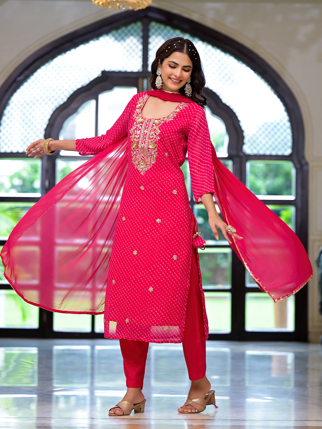 Rani-Pink-Georgette-Leheriya-Print-Straight-3-Piece-Kurta-Set