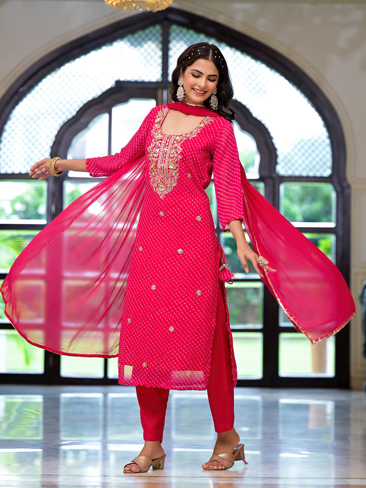 Rani-Pink-Georgette-Leheriya-Print-Straight-3-Piece-Kurta-Set