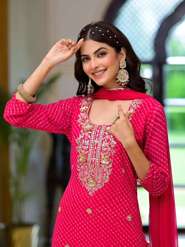 Rani-Pink-Georgette-Leheriya-Print-Straight-3-Piece-Kurta-Set