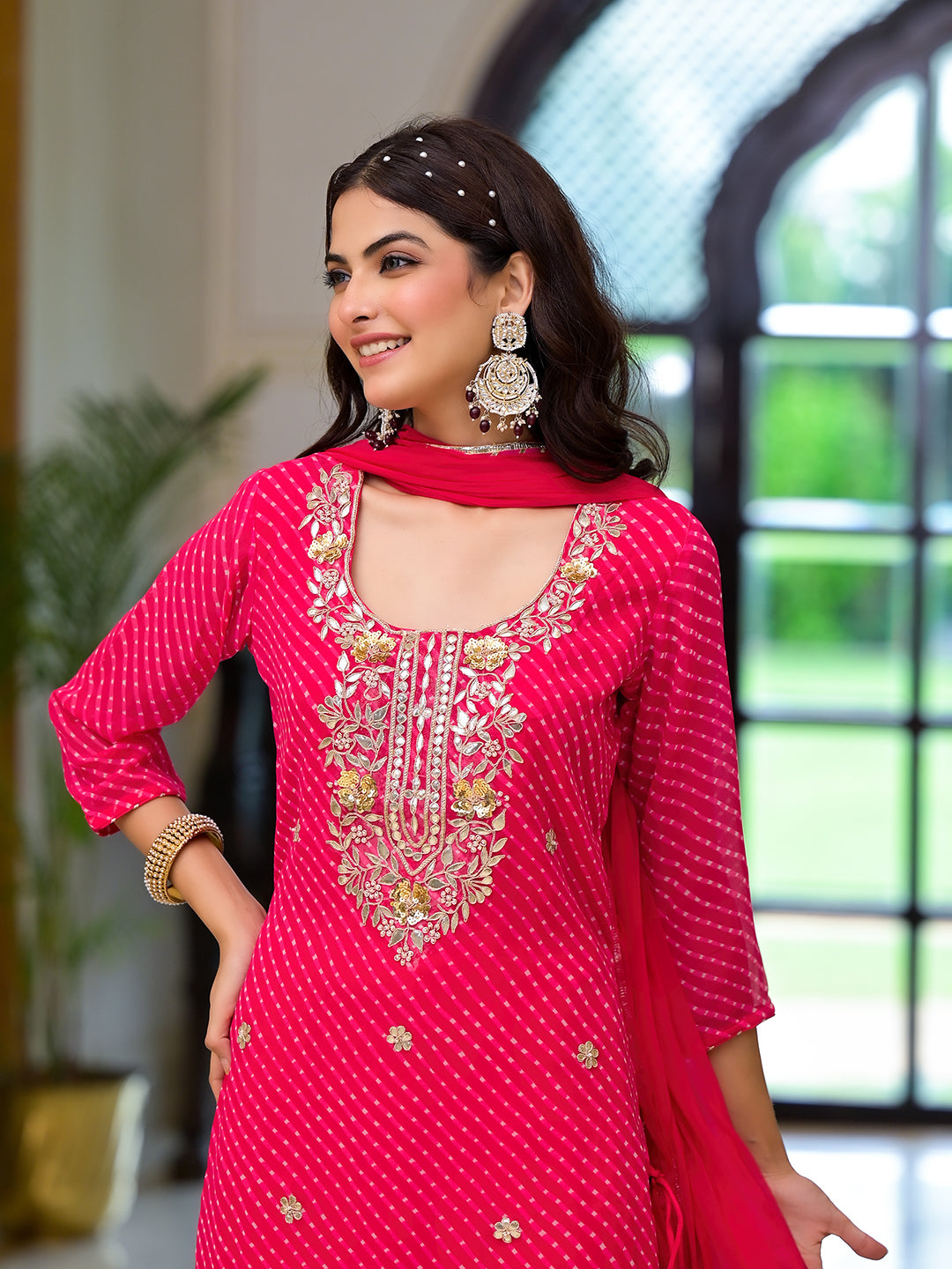 Rani-Pink-Georgette-Leheriya-Print-Straight-3-Piece-Kurta-Set