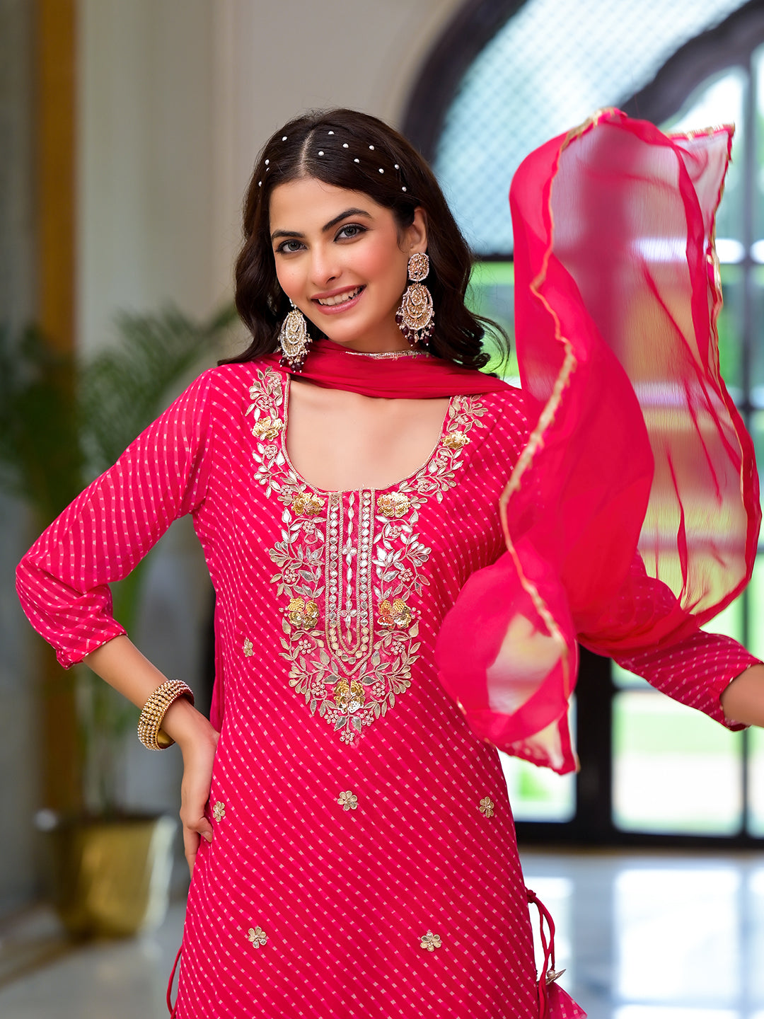 Rani-Pink-Georgette-Leheriya-Print-Straight-3-Piece-Kurta-Set