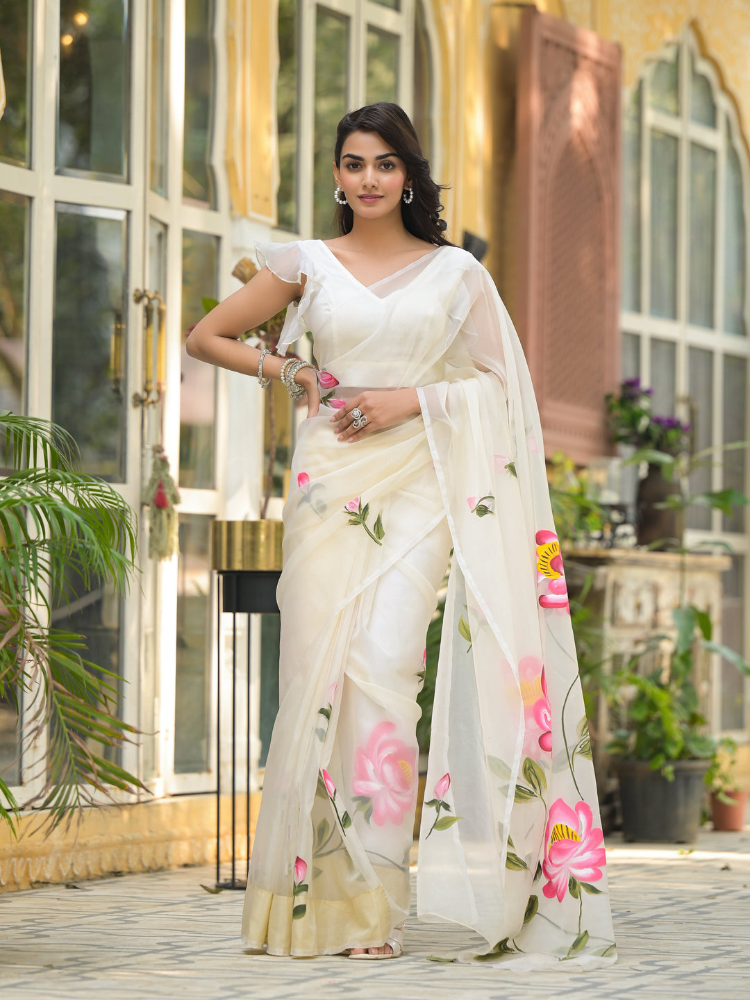 Cream-Organza-Hand-painted-Saree