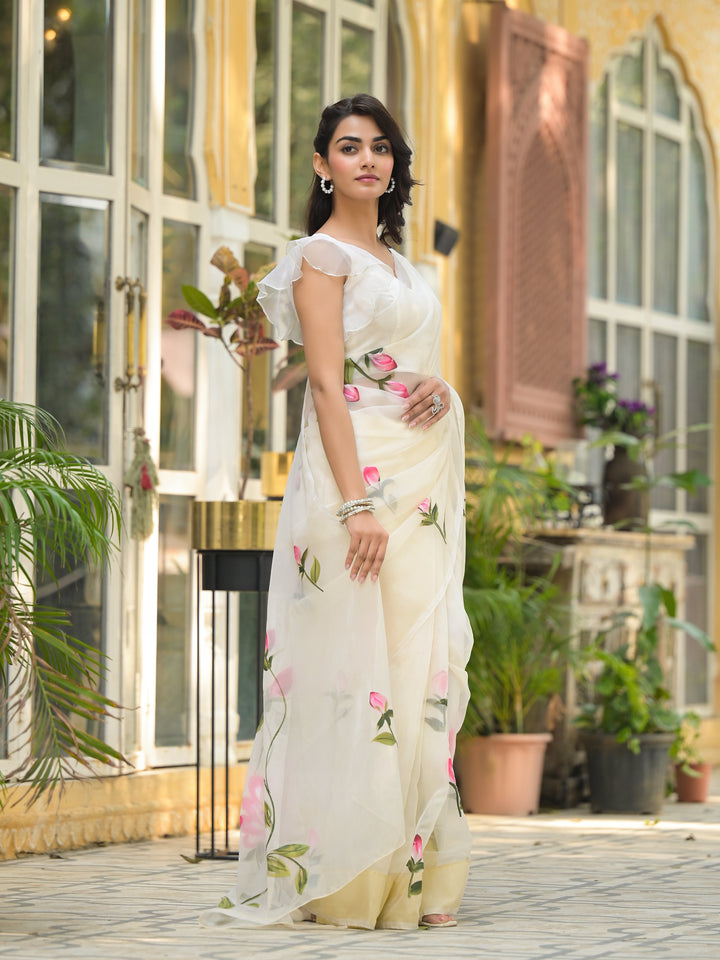 Cream-Organza-Hand-painted-Saree
