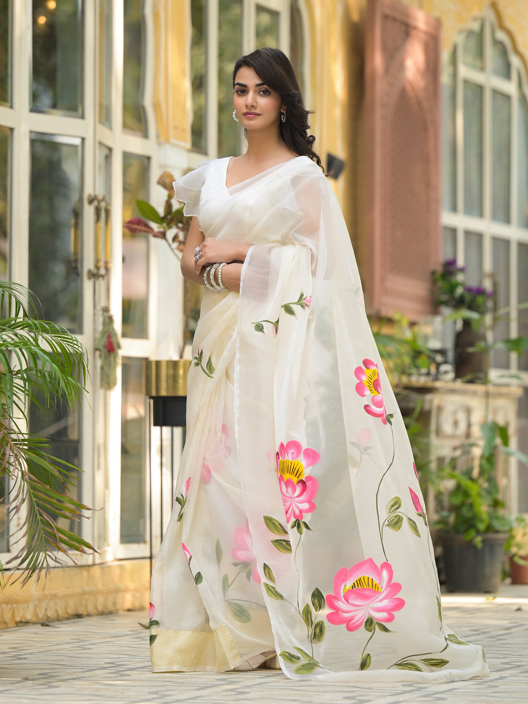 Cream-Organza-Hand-painted-Saree