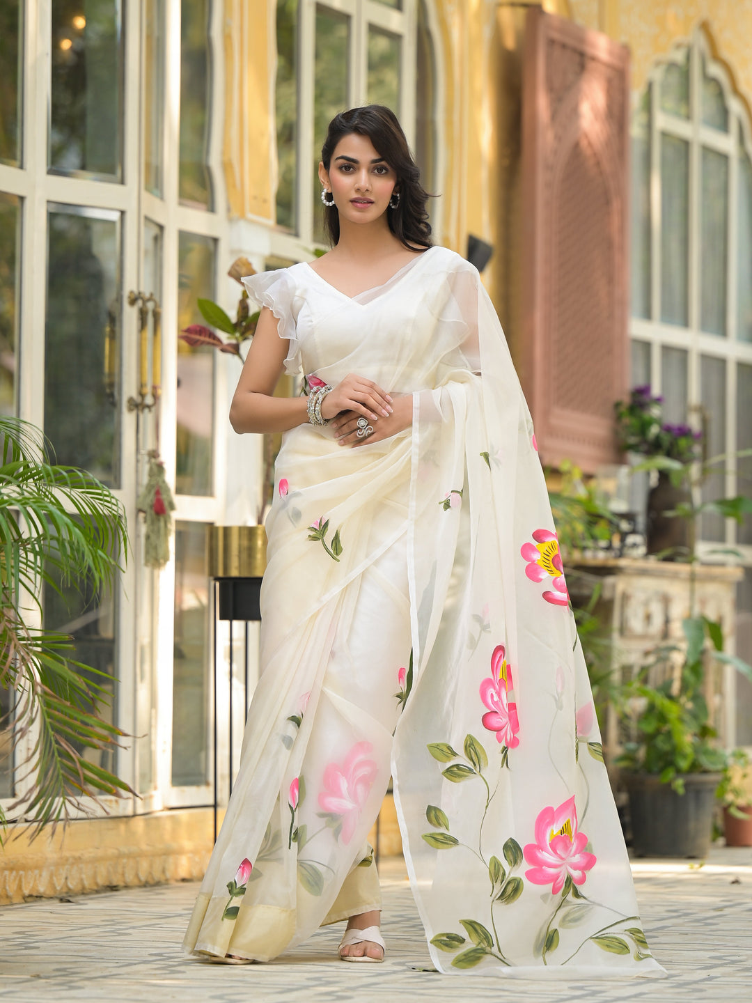 Cream-Organza-Hand-painted-Saree