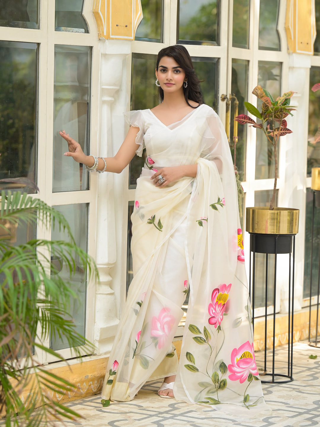 Cream-Organza-Hand-painted-Saree
