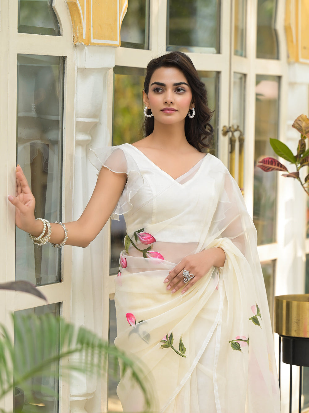 Cream-Organza-Hand-painted-Saree
