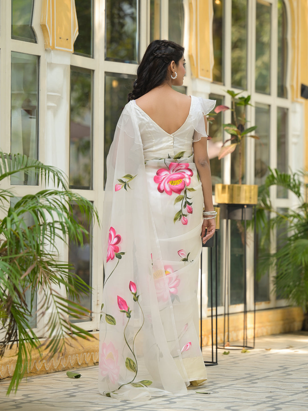 Cream-Organza-Hand-painted-Saree