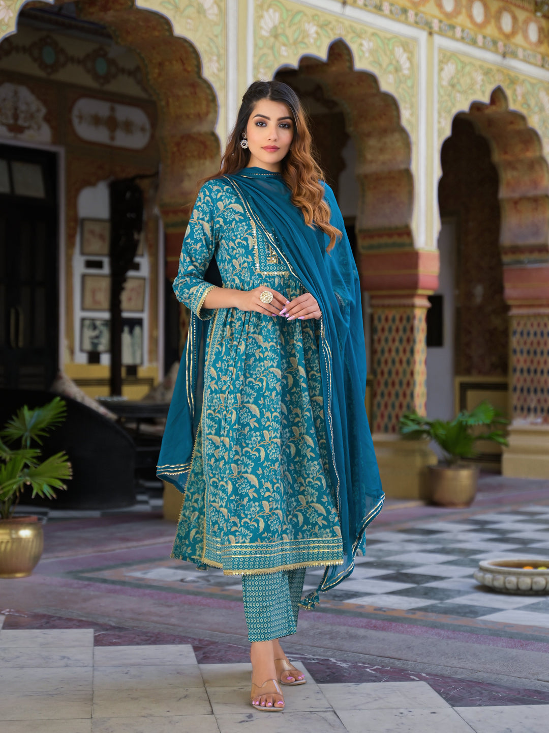 Teal-Blue-Cotton-Floral-Print-3-Piece-Kurta-Set