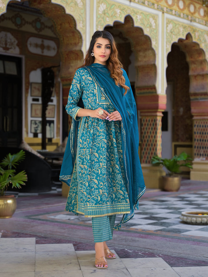 Teal-Blue-Cotton-Floral-Print-3-Piece-Kurta-Set
