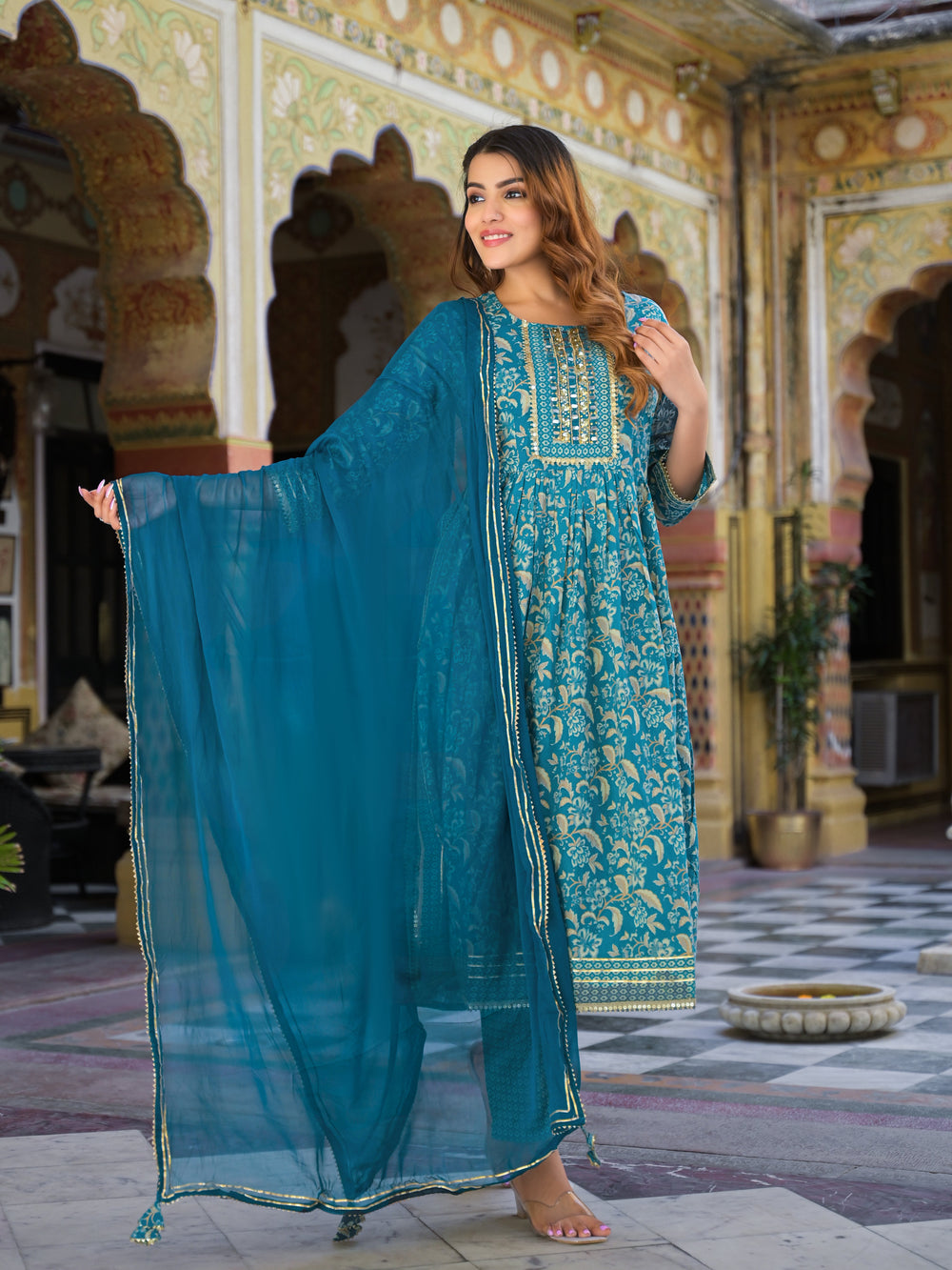 Teal-Blue-Cotton-Floral-Print-3-Piece-Kurta-Set