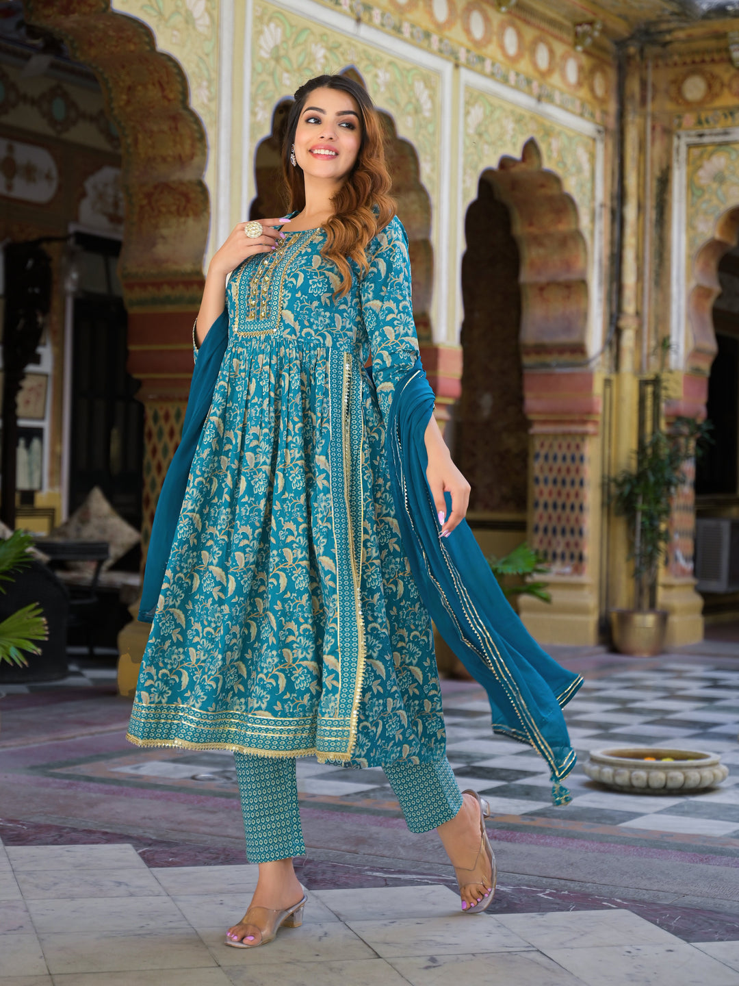 Teal-Blue-Cotton-Floral-Print-3-Piece-Kurta-Set