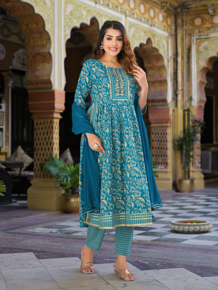 Teal-Blue-Cotton-Floral-Print-3-Piece-Kurta-Set
