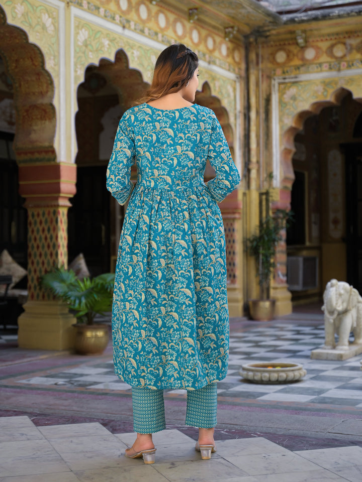 Teal-Blue-Cotton-Floral-Print-3-Piece-Kurta-Set