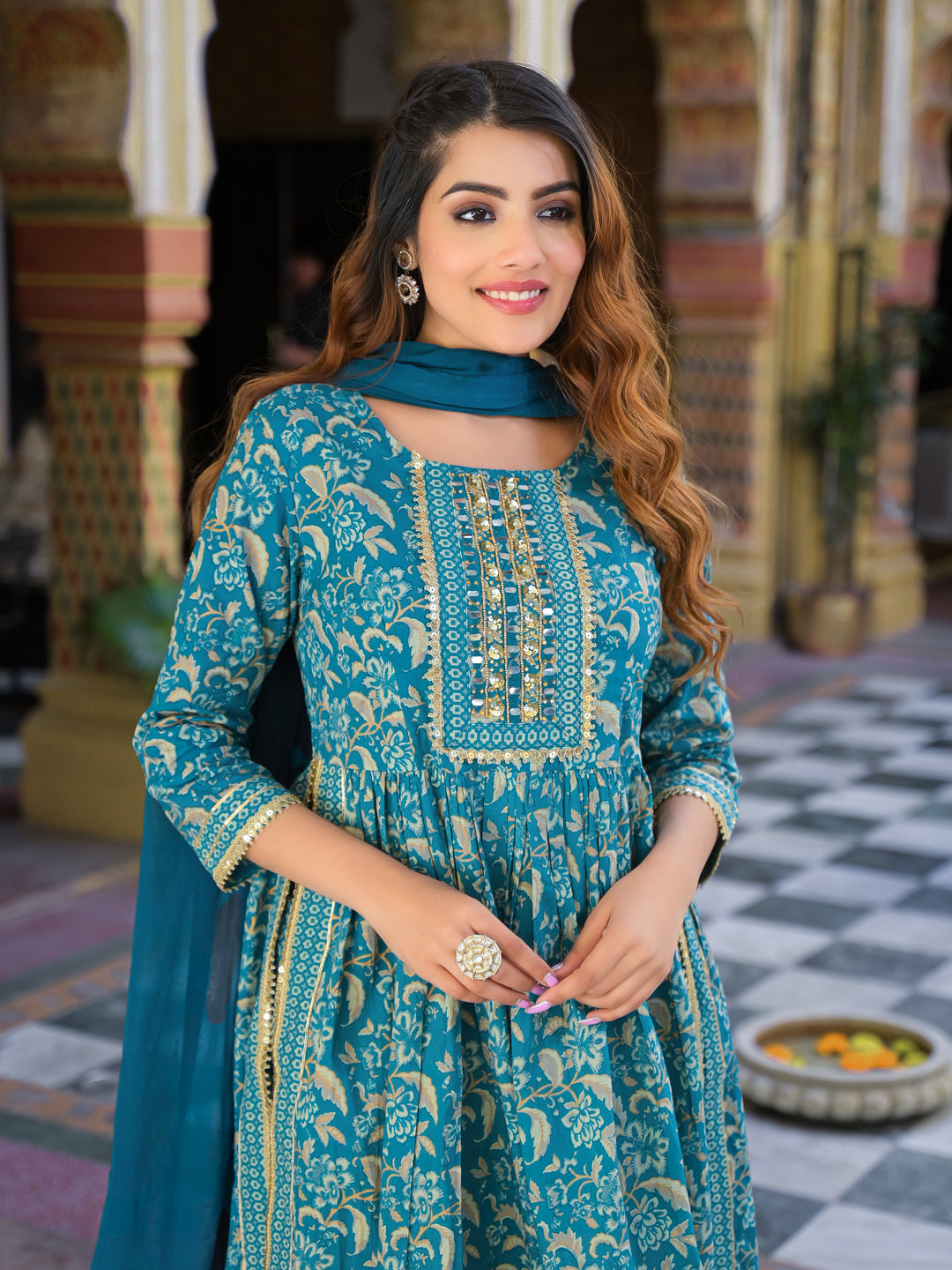 Teal-Blue-Cotton-Floral-Print-3-Piece-Kurta-Set